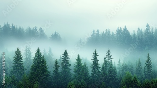 Quiet and mystical fir forest blanketed in mist, creating a peaceful and ethereal woodland scene 