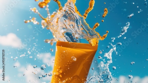 A tube of sunscreen with a splash of water photo