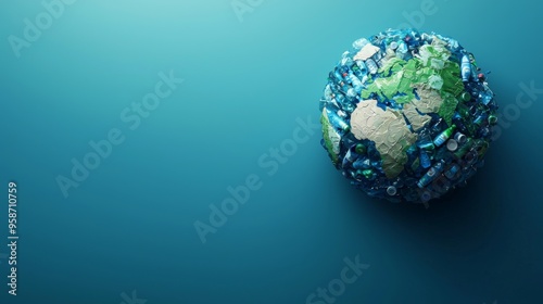 Earth globe made of plastic bottles on blue background