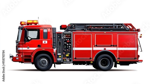 Red fire truck with emergency equipment png isolated