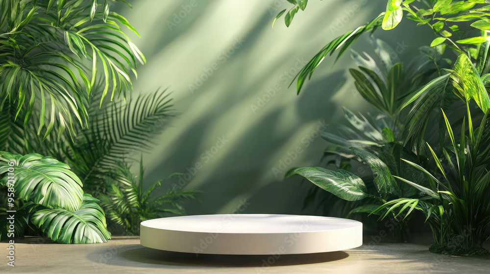 A sleek white podium set in a 3D abstract minimal environment, featuring a lush green forest. A sleek white podium set in a 3D abstract minimal environment, featuring a lush green forest.