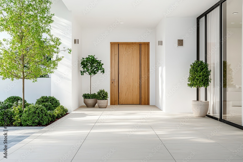 © Hitesh - Fresh and inviting entrance of a new home, showcasing a classic wooden door and a bright white wall