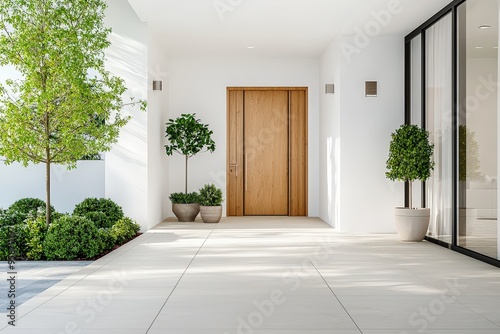 Fresh and inviting entrance of a new home, showcasing a classic wooden door and a bright white wall
 photo