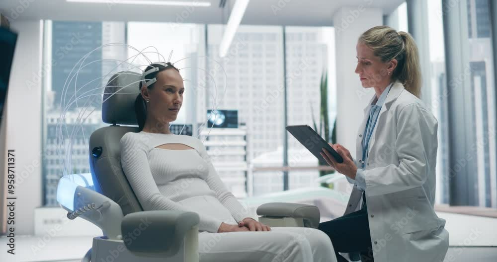 Futuristic Laboratory: Female Patient Wearing NSMS Headset For Advanced Brain Scan. Focus On IQ Enhancement And Cognitive Augmentation. Medical Research that Treats and Cures Cognitive Conditions. Futuristic Laboratory: Female Patient Wearing NSMS Headset For Advanced Brain Scan. Focus On IQ Enhancement And Cognitive Augmentation. Medical Research that Treats and Cures Cognitive Conditions.