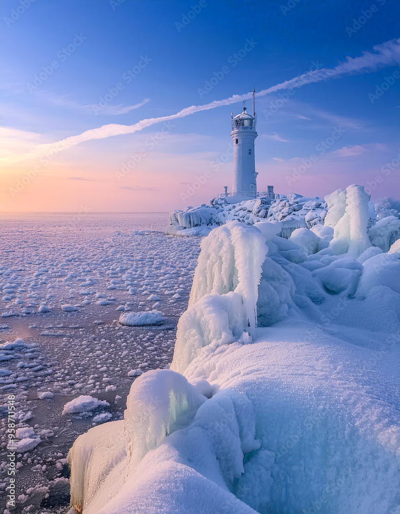 Vereister Leuchtturm im Winter an der Küste in der Dämmerung, Generative AI Vereister Leuchtturm im Winter an der Küste in der Dämmerung, Generative AI