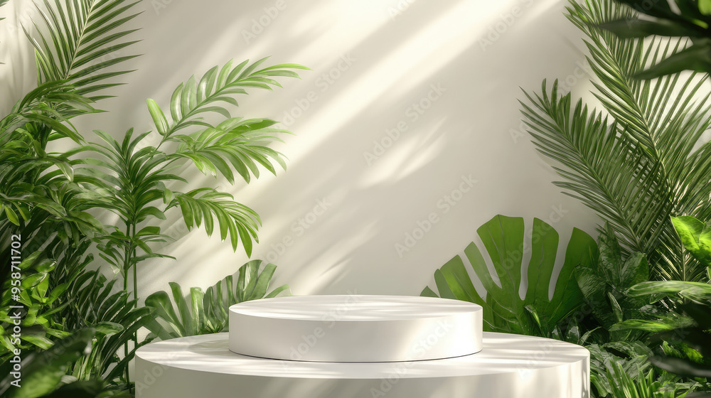 A chic white podium set in a 3D abstract minimal environment, with a vibrant green forest creating a tranquil backdrop. A chic white podium set in a 3D abstract minimal environment, with a vibrant green forest creating a tranquil backdrop.