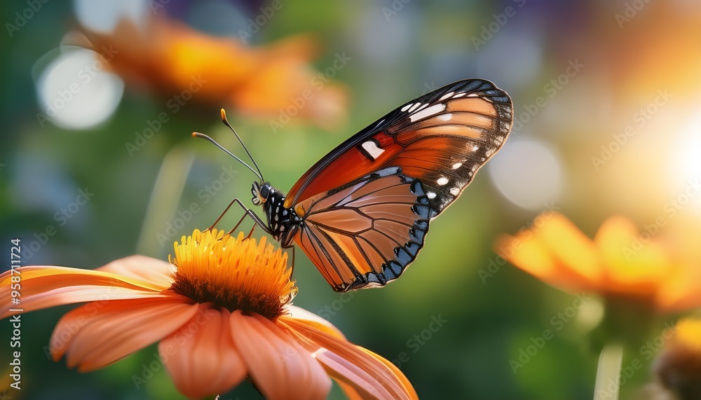 Butterfly with orange and black wings on a blooming flower, creating a serene natural scene for wallpapers and educational content Butterfly with orange and black wings on a blooming flower, creating a serene natural scene for wallpapers and educational content