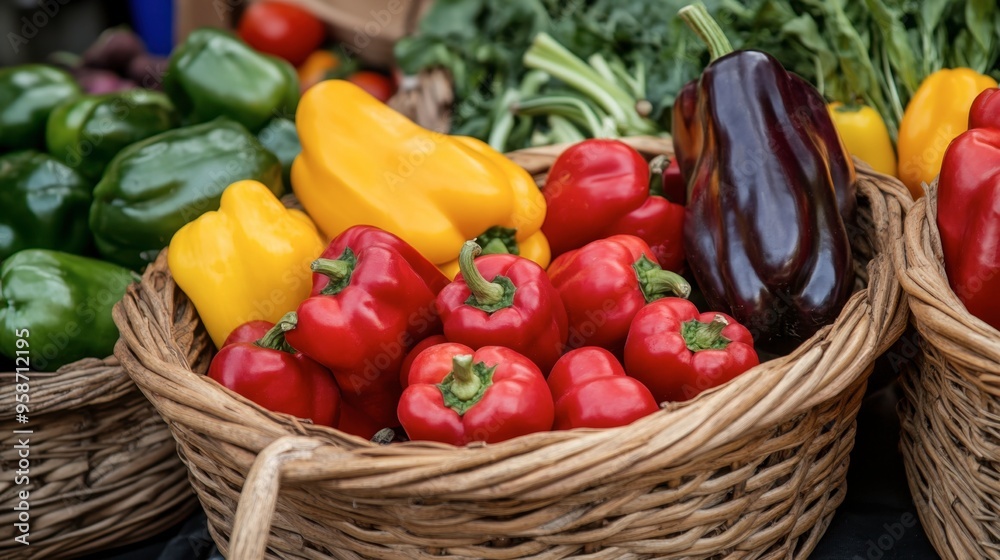 A basket filled with assorted paprikas, displayed at a farmer's market with other fresh vegetables in the background. A basket filled with assorted paprikas, displayed at a farmer's market with other fresh vegetables in the background.