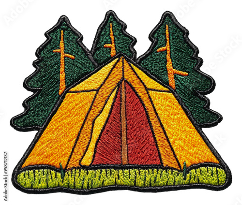 Colorful patch with tent and trees, cut out - stock png.