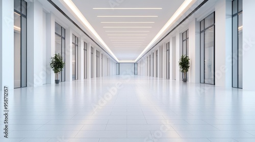 Empty shopping mall corridor, bathed in natural and LED light, with a focus on high-end architectural elements