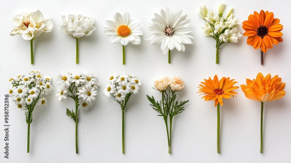 Obraz premium Fresh selection of flowers arranged on a white backdrop, highlighting the beauty of each unique bloom 