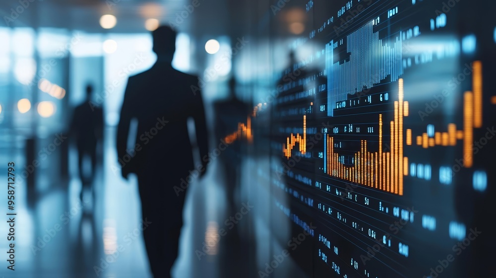 Business figures in silhouette with overlaying data, reflecting the integration of digital transformation in corporate environments Business figures in silhouette with overlaying data, reflecting the integration of digital transformation in corporate environments