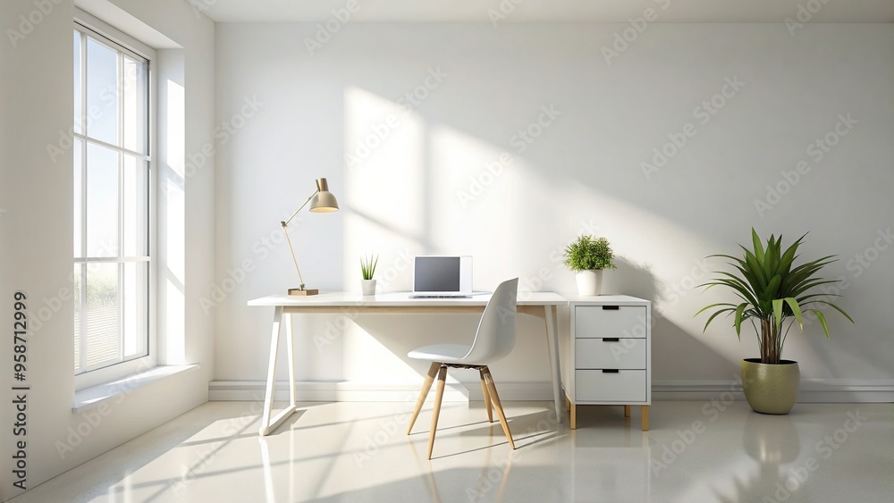 Fototapeta premium White desk with an empty space illuminated by natural light creating a bright stylish and minimal workspace captured from a low angle, uncluttered,white desk, minimal, concept, office