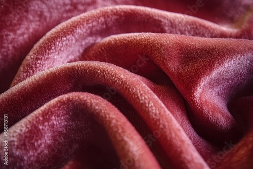 Close-up of Crimson Velvet Fabric Draped in Soft Waves photo