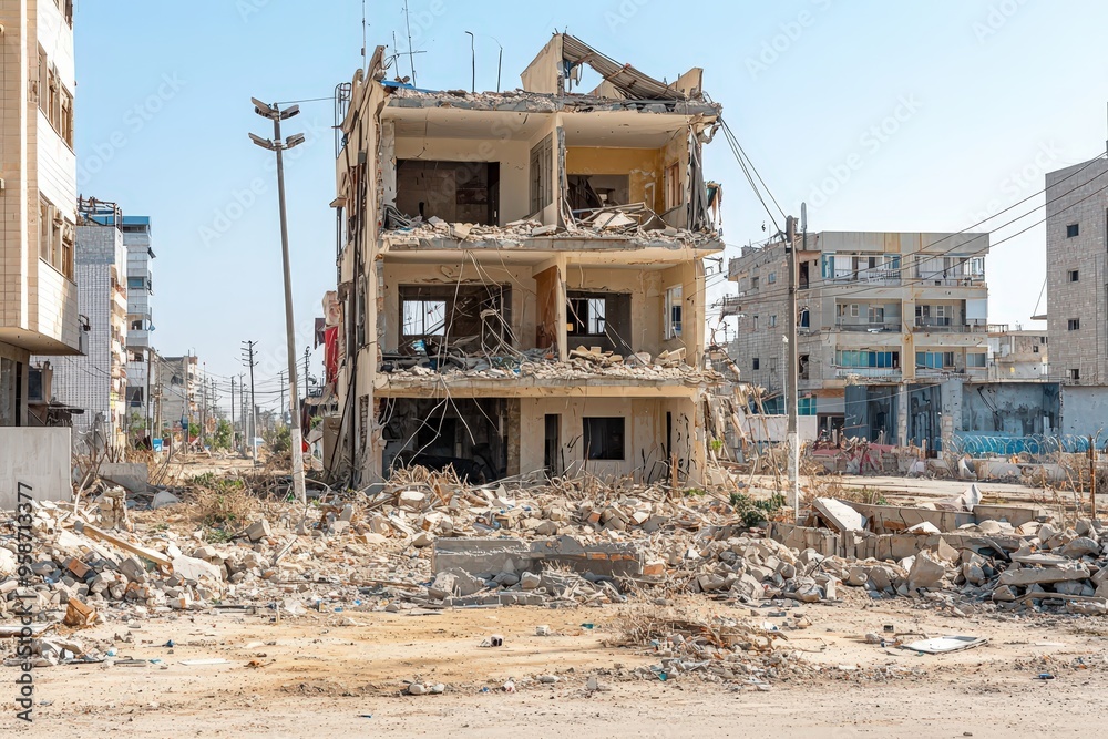 Devastated buildings in a war zone, highlighting the severe impact of warfare on infrastructure
Devastated buildings in a war zone, highlighting the severe impact of warfare on infrastructure
