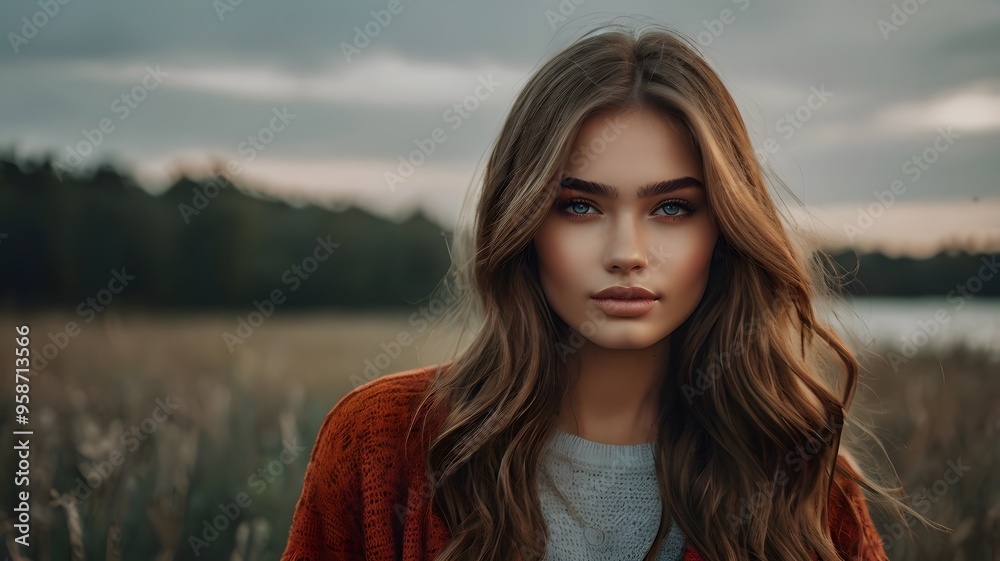 Portrait of a woman with golden hair stands in flower field. Portrait of a woman with golden hair stands in flower field.