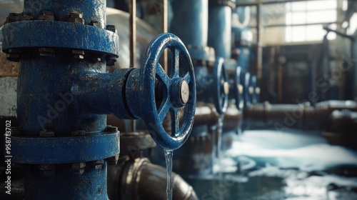 A blue valve is controlling water flow in an industrial setting, with water visibly flowing through pipes in a well-lit environment