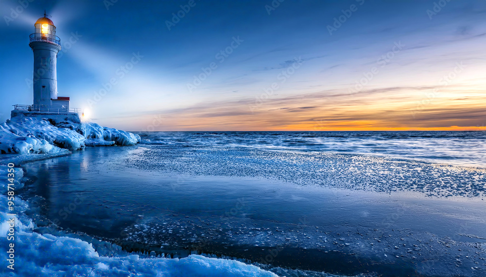 Vereister Leuchtturm im Winter an der Küste bei Nacht, Generative AI
