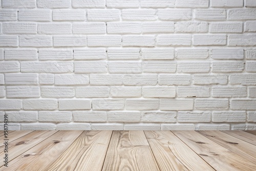 bird's eye view, white, brickwork, wall, wooden, brick, texture, A stock photo showing a bird s eye view of a white brickwork textured background with a white wooden floor