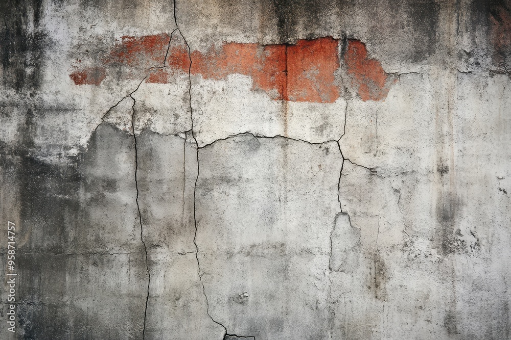Obraz premium Weathered Concrete Wall with Cracks and Red Paint