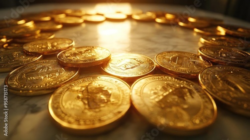 A close-up view of golden coins arranged artistically, capturing the warm glow of sunlight reflecting off their surfaces.