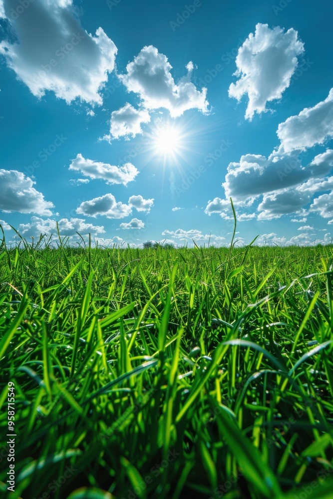 Fototapeta premium Grassy field with sun shining through the clouds and blue sky, nature background