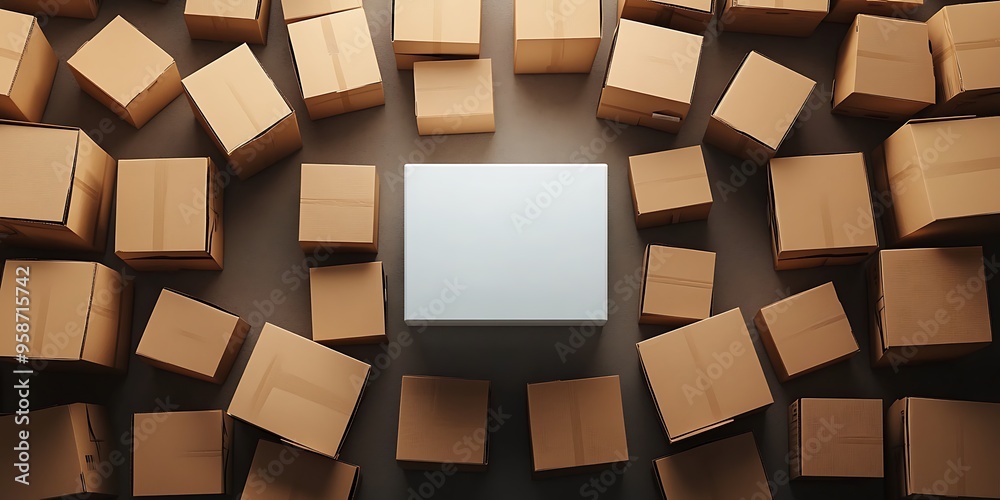 Abstract White Box In The Center Surrounded By Many Cardboard Boxes Abstract White Box In The Center Surrounded By Many Cardboard Boxes