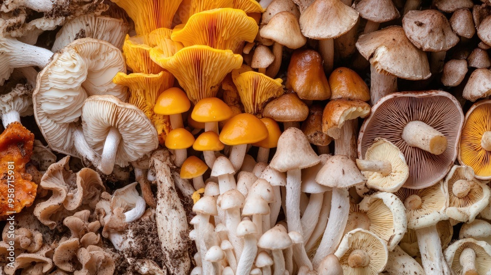 A closeup of an array of wild mushrooms in different shapes and sizes, showcasing the variety of seasonal fungi found in a damp, shaded forest A closeup of an array of wild mushrooms in different shapes and sizes, showcasing the variety of seasonal fungi found in a damp, shaded forest