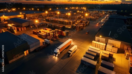 A logistics hub at night, with warehouses illuminated by bright lights and trucks moving in and out, capturing the 247 nature of global supply chains and logistics operations