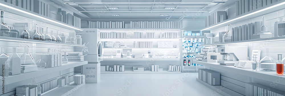 A sterile white room, filled with shelves of neatly organized books and laboratory equipment. A sterile white room, filled with shelves of neatly organized books and laboratory equipment.