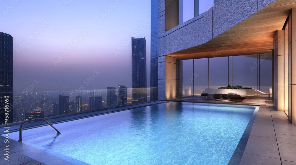 Fototapeta premium Rooftop Infinity Pool with City Skyline View