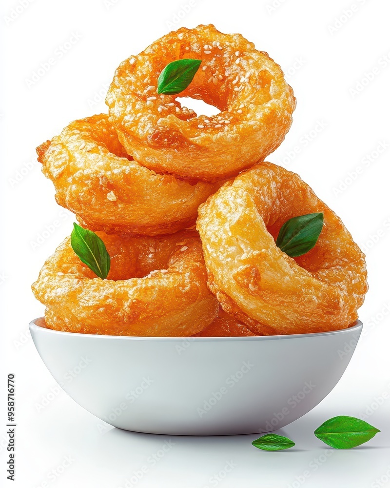 A bowl of golden, crispy donuts garnished with fresh leaves, perfect for dessert or breakfast. A bowl of golden, crispy donuts garnished with fresh leaves, perfect for dessert or breakfast.