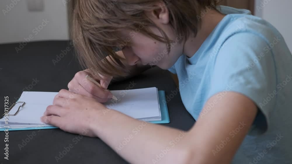 Young man writing carefully on paper while focused on a clipboard, demonstrating concentration and dedication to his studies Young man writing carefully on paper while focused on a clipboard, demonstrating concentration and dedication to his studies