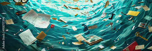 A swirling pool of water, filled with documents, keys, and other assorted items floating on the surface. photo