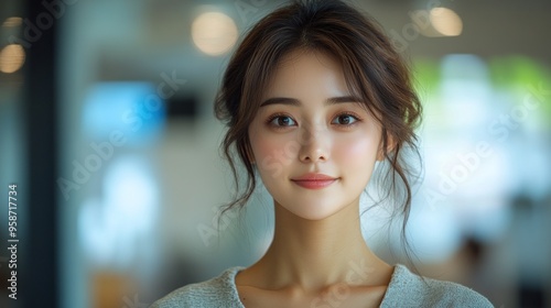 Portrait of a beautiful young woman with long brown hair.