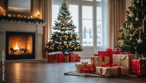 Christmas morning. Classic luxurious apartments with decorated christmas tree and presents. Living with fireplace, columns and stucco