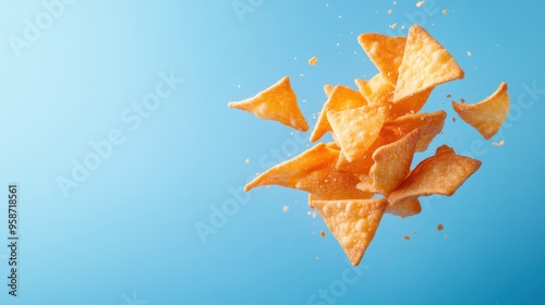 A vibrant explosion of golden tortilla chips against a bright blue background, perfect for food-related concepts.