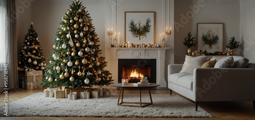 Beautiful Christmas tree in a decorated bright living room. Festive New Year's interior