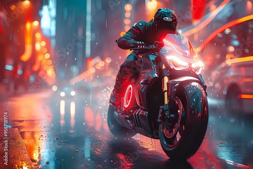 A futuristic motorcycle rider in a sleek red suit speeding through a rainy neon-lit city at night. Ideal for action-themed projects, sci-fi art, or automotive marketing. photo