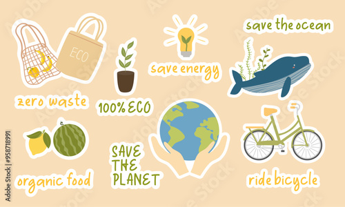 Wallpaper Mural Collection of ecology stickers with slogans - save the ocean, save the planet, organic food, zero waste, ride bicycle, save energy. Protecting the environment. Vector illustration, flat style. Torontodigital.ca