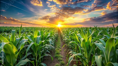 Rows of tall green corn plants stretching into the horizon with a stunning sunset in the background, capturing the essence of rural Asia