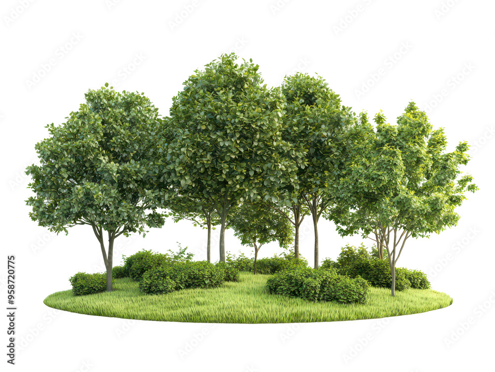 Group of trees surrounded by green grass isolate on transparent backgrounds, cutout, png Group of trees surrounded by green grass isolate on transparent backgrounds, cutout, png