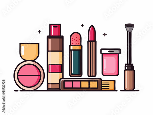 makeup set item vector with foundation, lipstick, mascara, polish, powder, mirror, eyeshadow