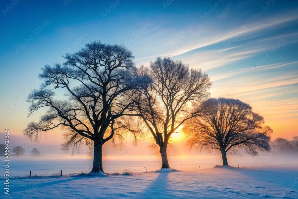 Serene winter landscapes featuring stark, branching silhouettes of bare trees against misty, monochromatic skies, Serene winter landscapes featuring stark, branching silhouettes of bare trees against misty, monochromatic skies,
