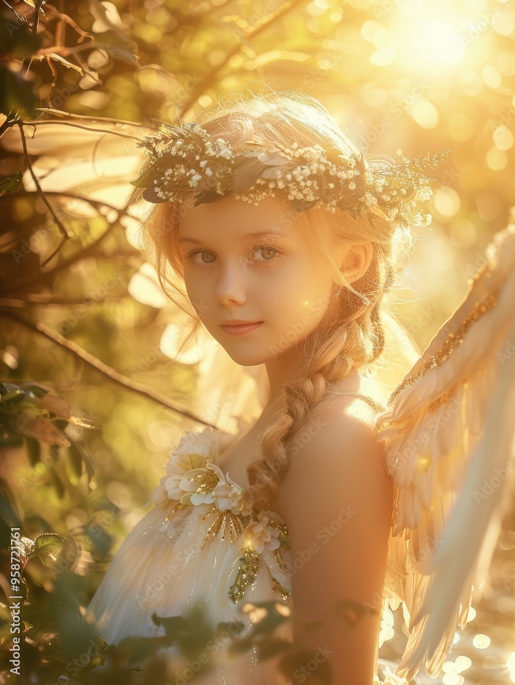 charming woman with angelic wings, standing in sunlit garden with soft, golden light surrounding flowers create a serene and magical atmosphere, highlighting her delicate beauty. charming woman with angelic wings, standing in sunlit garden with soft, golden light surrounding flowers create a serene and magical atmosphere, highlighting her delicate beauty.