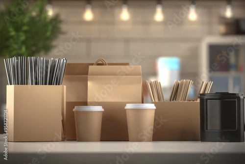 Biodegradable kraft food and drink packaging items, including cups, boxes, and bags, are displayed on a modern counter in a bright environment. photo