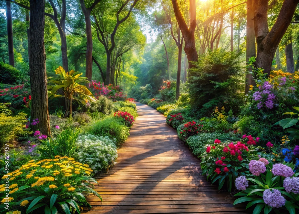 Serene wood pathway meanders through lush greenery, surrounded by vibrant flowers, towering trees, and soft dappled Serene wood pathway meanders through lush greenery, surrounded by vibrant flowers, towering trees, and soft dappled