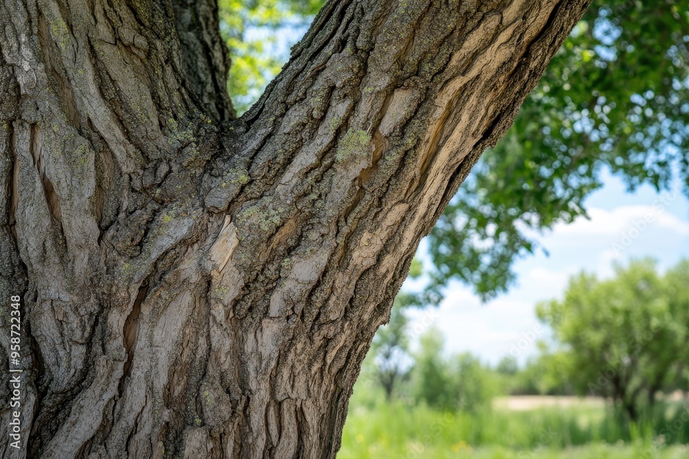 Close-up of a Tree Trunk with Rough Bark and Green Foliage in the Background Close-up of a Tree Trunk with Rough Bark and Green Foliage in the Background