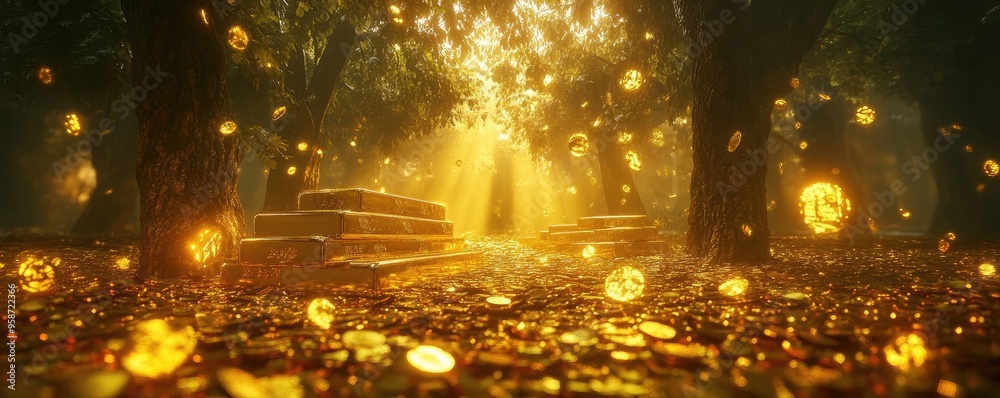 A mystical forest illuminated by golden light, filled with shining coins and treasure. Enchanting scene of wealth and fantasy. A mystical forest illuminated by golden light, filled with shining coins and treasure. Enchanting scene of wealth and fantasy.