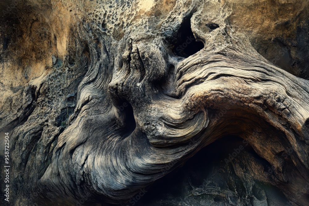 Close-up of a weathered, gnarled tree trunk with holes Close-up of a weathered, gnarled tree trunk with holes